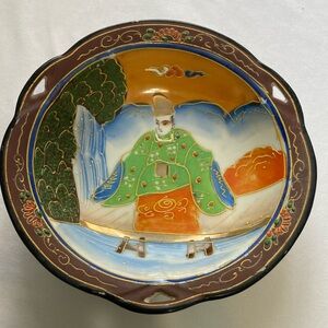Japanese Hand Painted Vintage Porcelain Bowl Monk Sitting on Bridge Beautiful